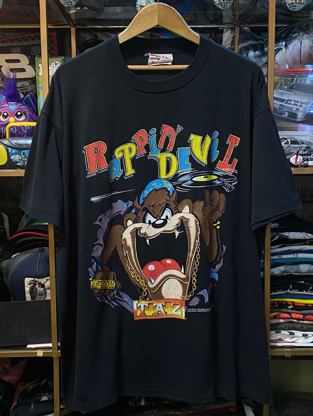 Vintage 90s Warner Bros Rappin Taz Looney Tunes Men's T-Shirt Black XL